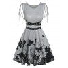 Robe d'été Evasée Branche à Imprimé Oiseau à Œillets en Ligne A à Lacets - Gris XL