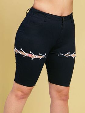 Lace Up Raw Hem Plus Size Biker Denim Shorts