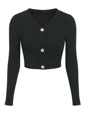 Button Up Ruched Ribbed Cropped Cardigan