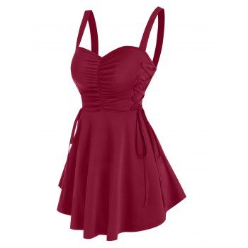 Lace Up Ruched Solid Tunic Tank Top, Deep red