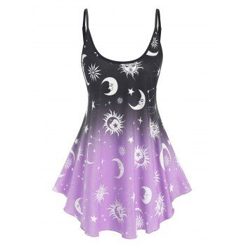 

Sun Moon Print Ombre Color Asymmetrical Hem Skirted Tent Cami Top, Light purple
