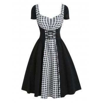 

Star Gingham Lace Up Ruched Vintage Dress, Black