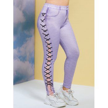 

Plus Size 3D Lace-Up Denim Print Leggings, Light purple