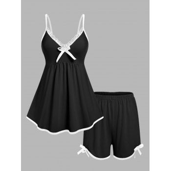 

Plus Size Lace Trim Piping Pajama Cami Top and Shorts Set, Black