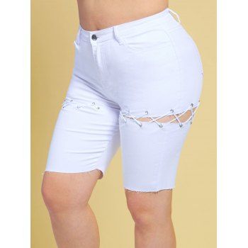 

Lace Up Raw Hem Plus Size Biker Denim Shorts, White