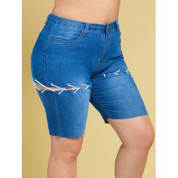 

Lace Up Raw Hem Plus Size Biker Denim Shorts, Blue