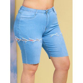 

Lace Up Raw Hem Plus Size Biker Denim Shorts, Light blue