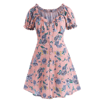 Plus Size Floral Frilled Button Down Puff Sleeve Textured Dress