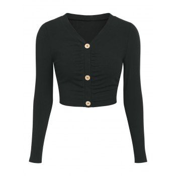 

Button Up Ruched Ribbed Cropped Cardigan, Black