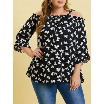 

Bowknot Print Open Shoulder Plus Size Blouse, Black