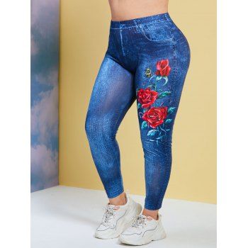 

3D Print Insect Floral Rose Plus Size Jeggings, Deep blue