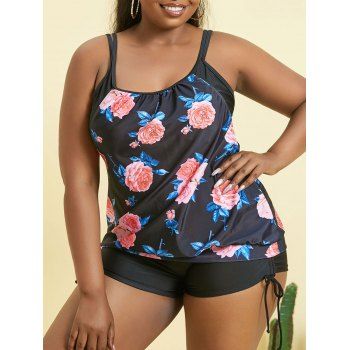 

Plus Size Flower Print Layered Style Blouson Tankini Swimwear, Black