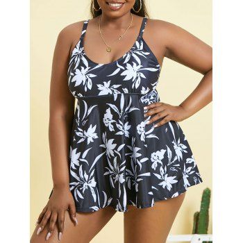 

Plus Size Empire Waist Flower Print Tankini Swimwear, Black