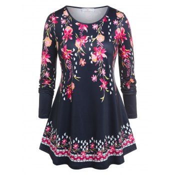 

Plus Size Floral Print Tunic Swing T-shirt, Deep blue