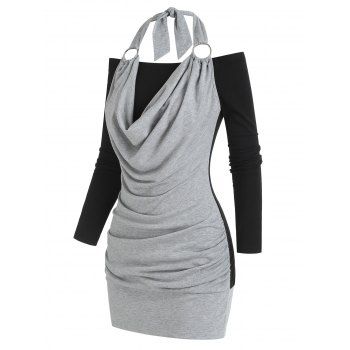 

O Ring Halter Cowl Front Colorblock Mini Dress, Gray