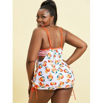 Plus Size Striped Orange Print Cinched Layered Style Tankini Swimwear