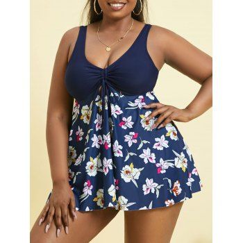 

Plus Size Cinched Flower Print Keyhole Tankini Swimwear, Deep blue