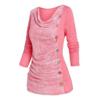 

Ruched Lace Buttons Asymmetrical T Shirt, Light pink
