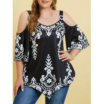 

Printed Open Shoulder Rings Plus Size Top, Black