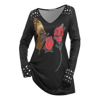 

Plus Size Butterfly Rose Printed T Shirt, Black