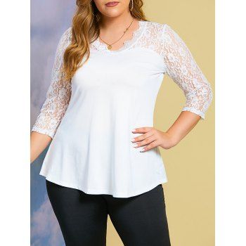 

Lace Panel V Neck Solid Plus Size Top, White