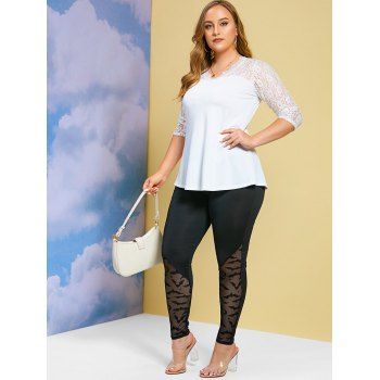 Lace Panel V Neck Solid Plus Size Top
