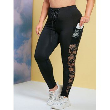 

Lace Up Front Lace Panel Plus Size Skinny Pants, Black