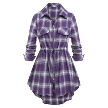 

Plus Size Plaid Full Zip Drawstring High Low Shirt, Purple