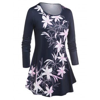 

Plus Size Floral Print Tunic Swing Tee, Deep blue