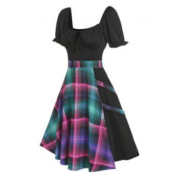 

Ruched Bust Plaid Tied Dress, Black