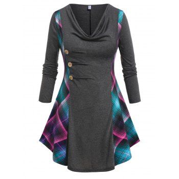 

Plus Size Plaid Draped Long Sleeve Tee, Dark gray