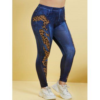 

3D Print Leopard Plus Size Jeggings, Blue