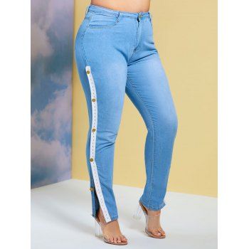 

Side Buttoned Tape Plus Size Skinny Jeans, Light blue