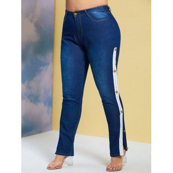 

Side Buttoned Tape Plus Size Skinny Jeans, Deep blue