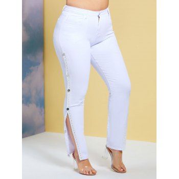 

Side Buttoned Tape Plus Size Skinny Jeans, White