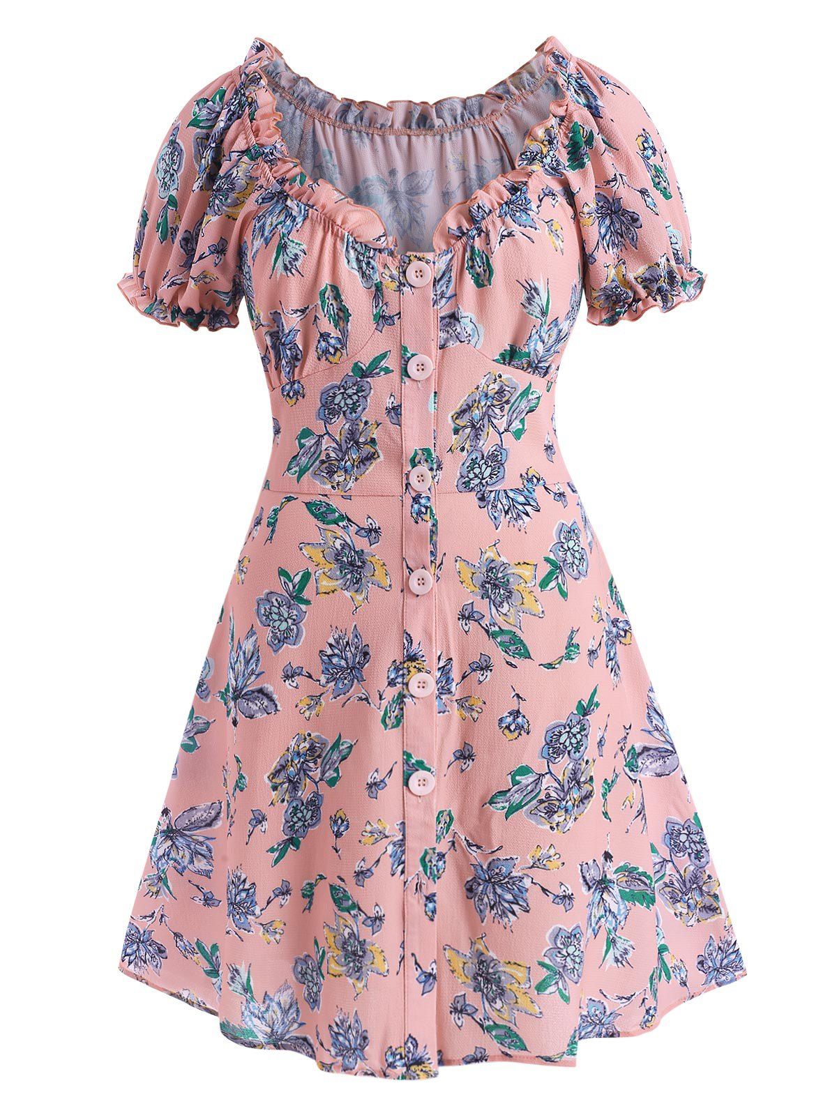 Plus Size Floral Frilled Button Down Puff Sleeve Textured Dress - LIGHT PINK L