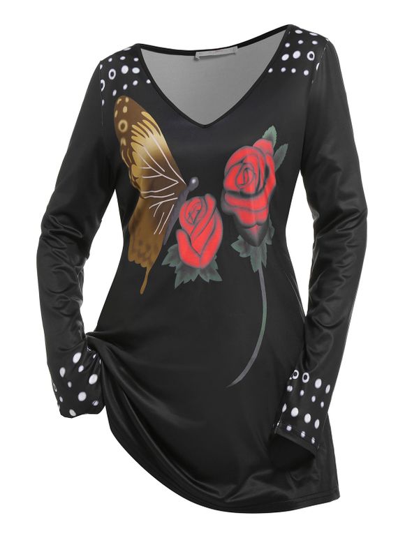 T-shirt à Imprimé Rose et Papillon de Grande Taille - Noir 5X