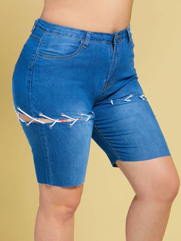 Short de Cycliste à Ourlet Brut de Grande Taille à Lacets en Denim - Bleu 2XL
