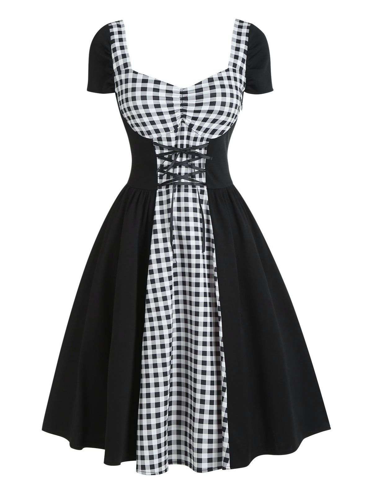 Star Gingham Lace Up Ruched Vintage Dress 