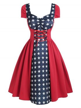 Star Gingham Lace Up Ruched Vintage Dress
