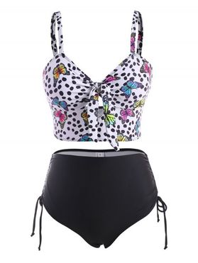 Dotted Butterfly Print Knot Ruched Tankini Swimwear