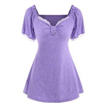 

Lace Insert Ruffle D Ring Knotted T Shirt, Light purple