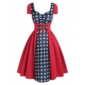 

Star Gingham Lace Up Ruched Vintage Dress, Red