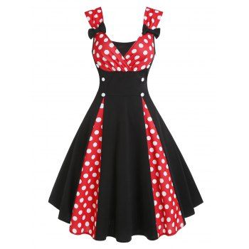 

Polka Dot Plaid Bowknot Mock Button Surplice Dress, Red