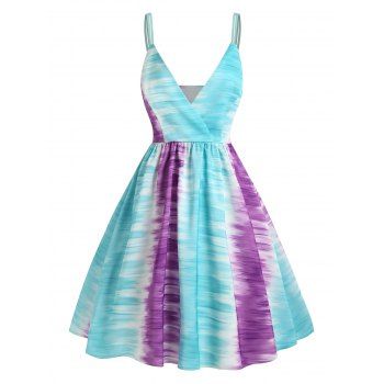 Colorblock Dip Dye Print Dress Surplice Plunge A Line Dress Dual Straps Cami Dress