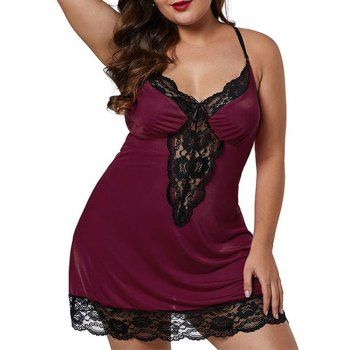 

Scalloped Trim Lace Panel T Back Plus Size Babydoll, Deep red