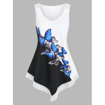 

Lace Insert Butterfly Print Contrast Tank Top, Black