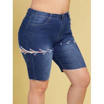 

Lace Up Raw Hem Plus Size Biker Denim Shorts, Deep blue