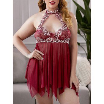 

Flyaway Sheer Lace Mesh Halter T-back Plus Size Babydoll, Red