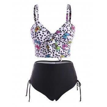 

Dotted Butterfly Print Knot Ruched Tankini Swimwear, Black